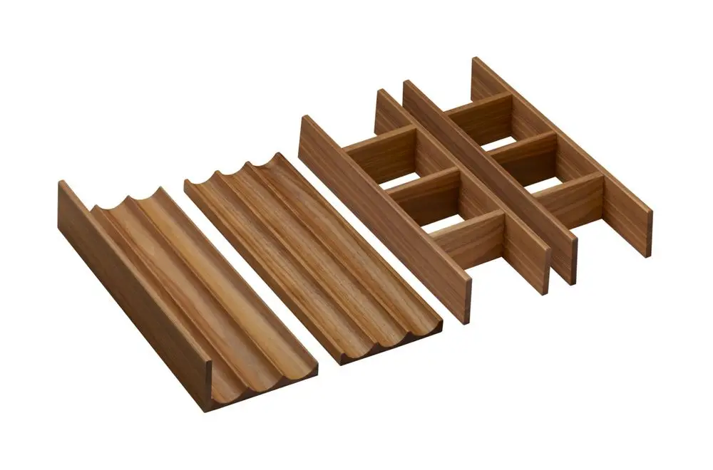 Set aus Holzschalen mit unterschiedlichen Einteilungen, geeignet zur Organisation in Schubkästen, von der Marke Hansgrohe.